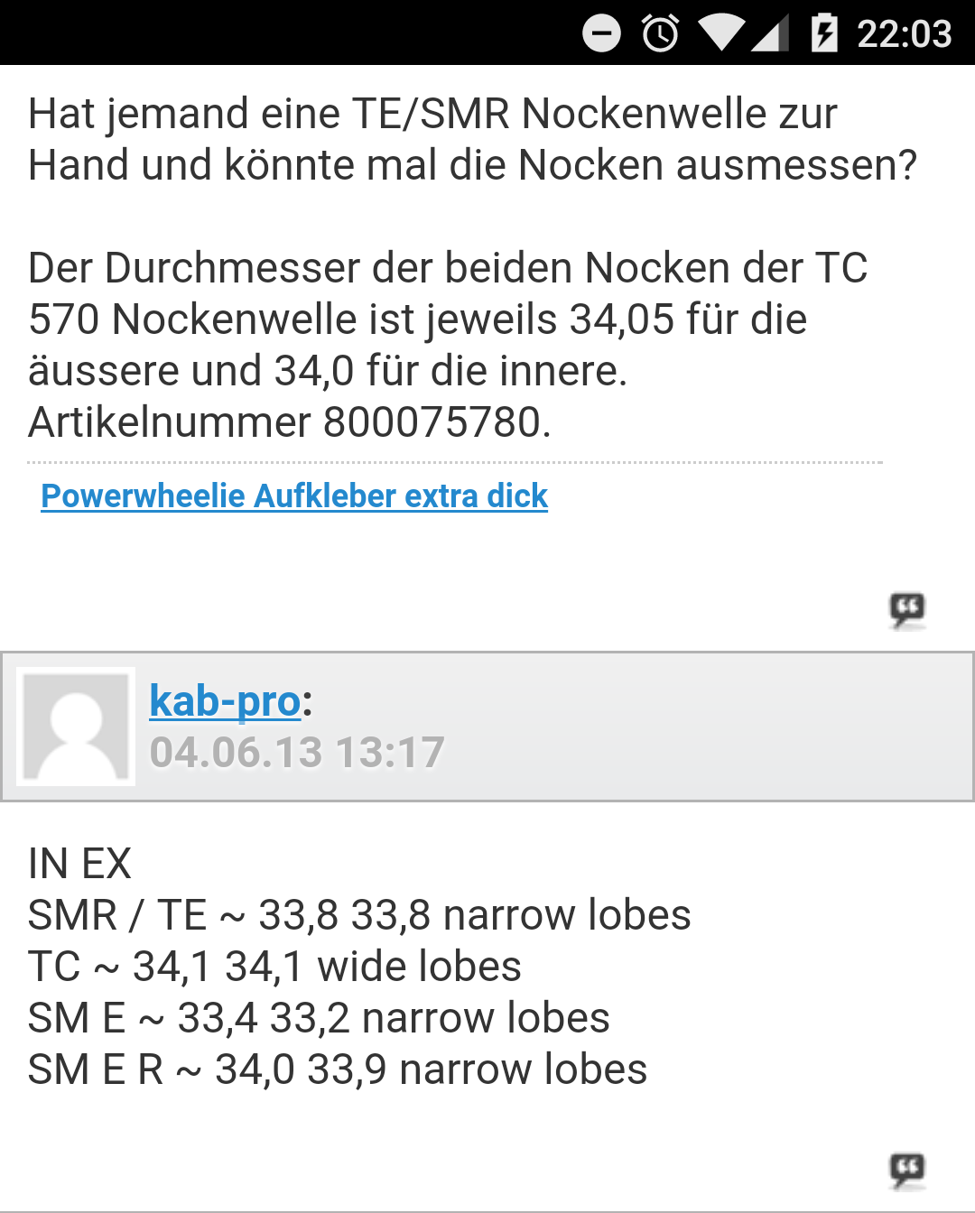 Maße Nockenwellen TC TE